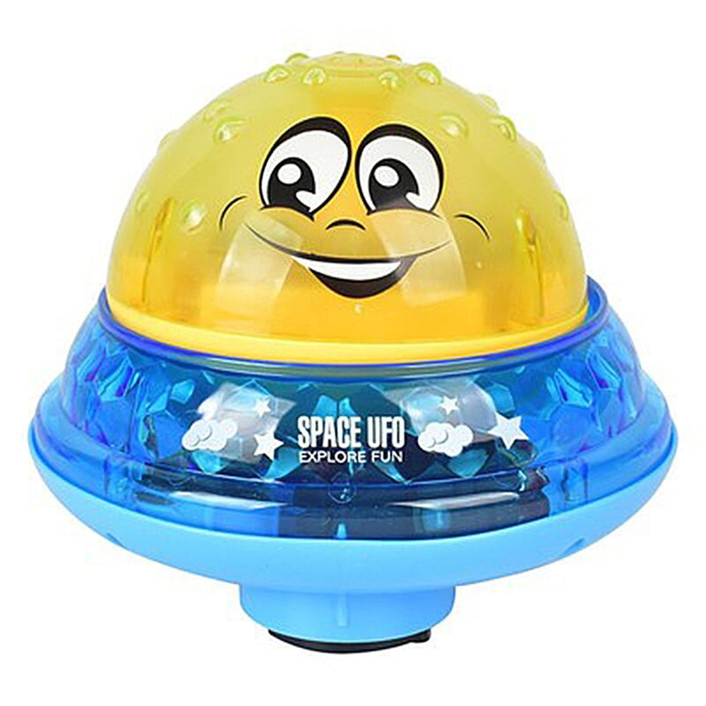 Yellow cartoon dome water-spraying spinning pool toy with blue star-pattern base