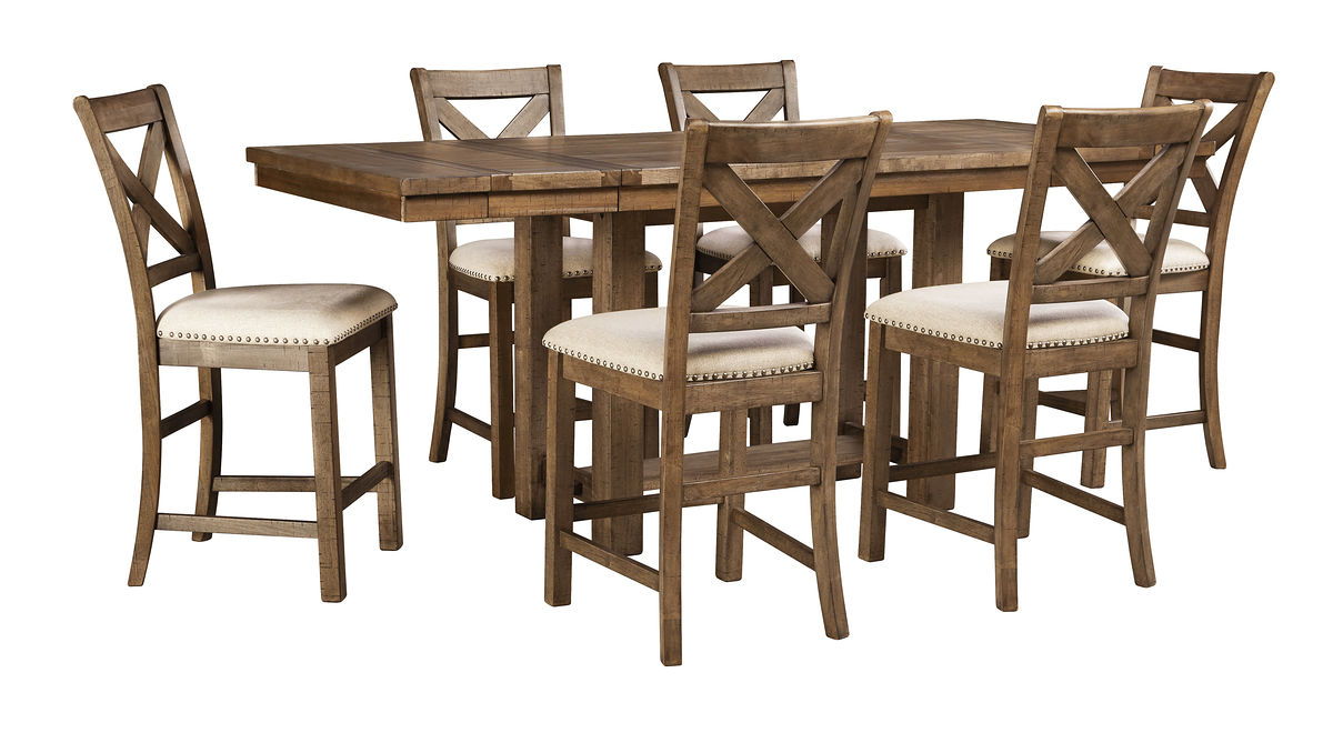 Dark brown rectangular counter-height dining table with upholstered bar stools
