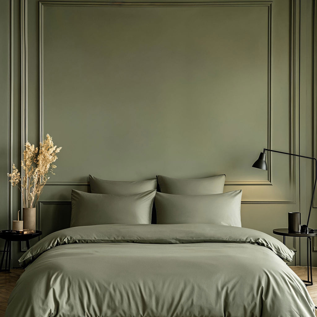 Moss green sateen bedding bundle with duvet and four pillows on a bed