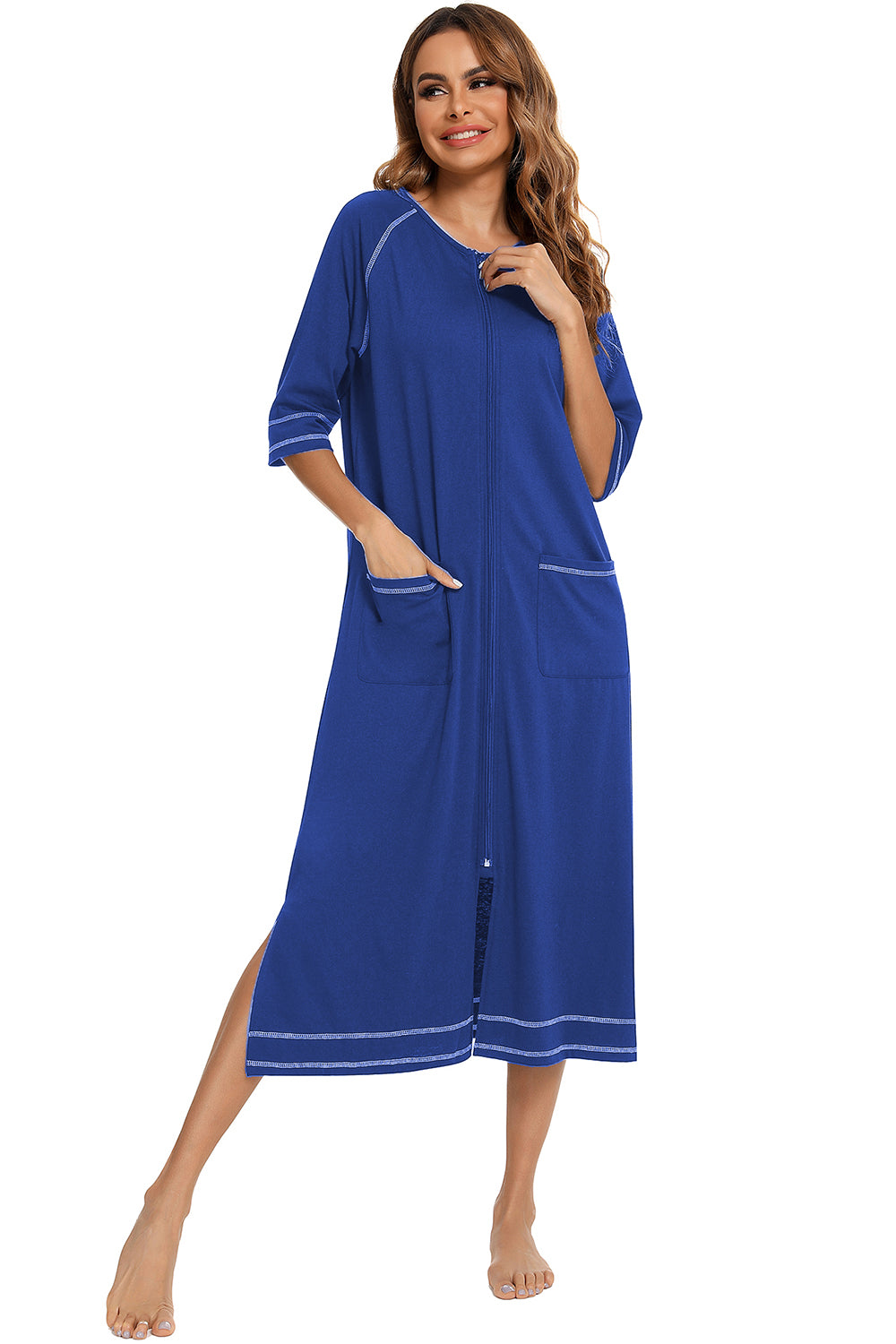 Peacock blue zip-up night dress with round neck, pockets, and side slit hem with contrast trim
