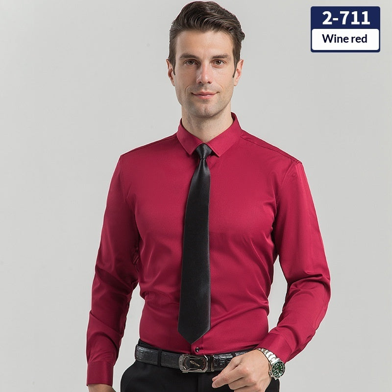 Wine red long-sleeve solid dress shirt with button-up front and pointed collar