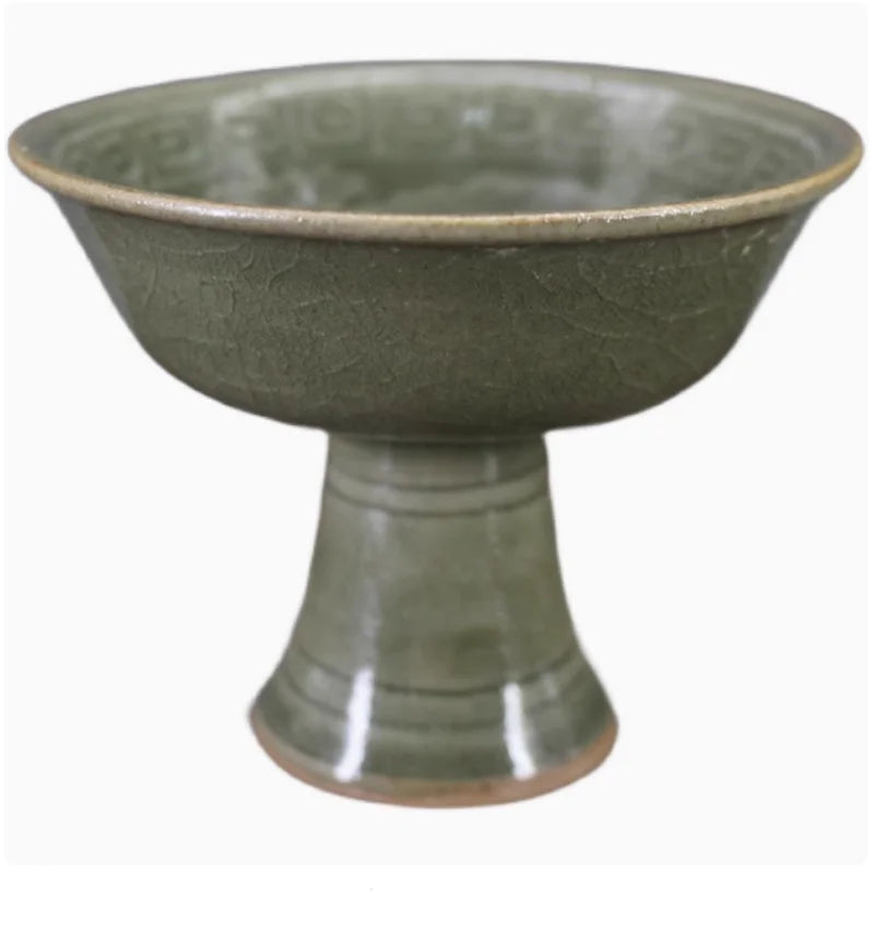 Celadon high-footed porcelain bowl with antique-style phoenix relief