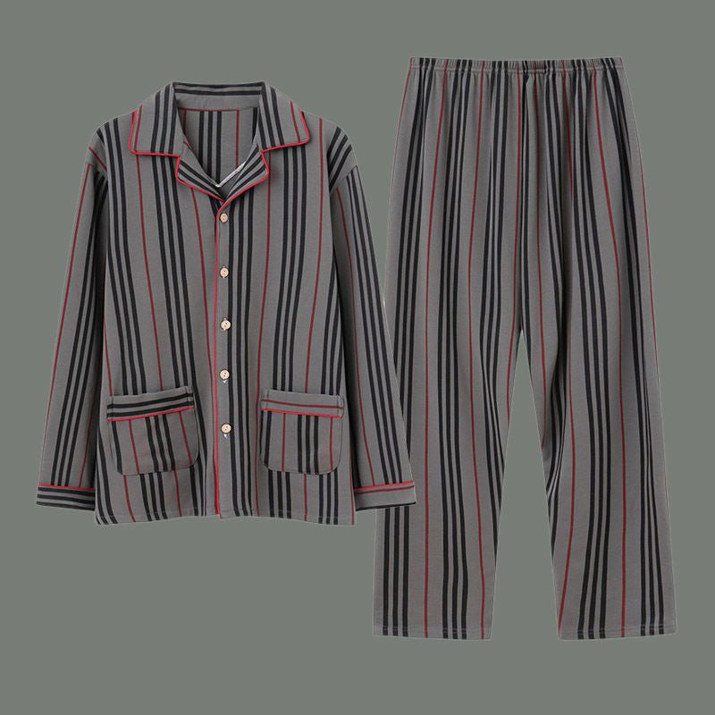 Youth dark striped pajama set with red-trim, chest pockets, button-up top and pants