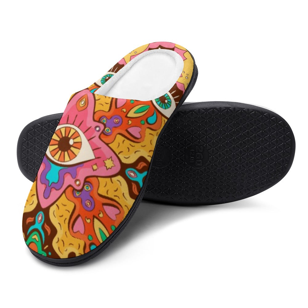 Cotton slipper with colorful upper and black textured outsole shown open