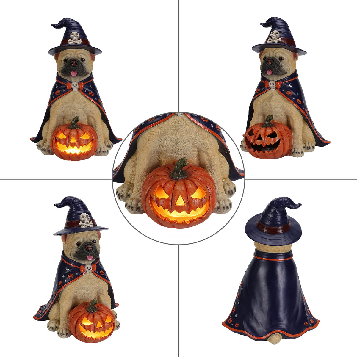 Bulldog witch statue set showing front, side, and top views with glowing jack-o-lantern