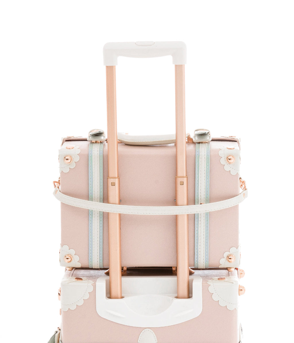 Cherry pink wheeled train case with telescoping handle and front divider panel