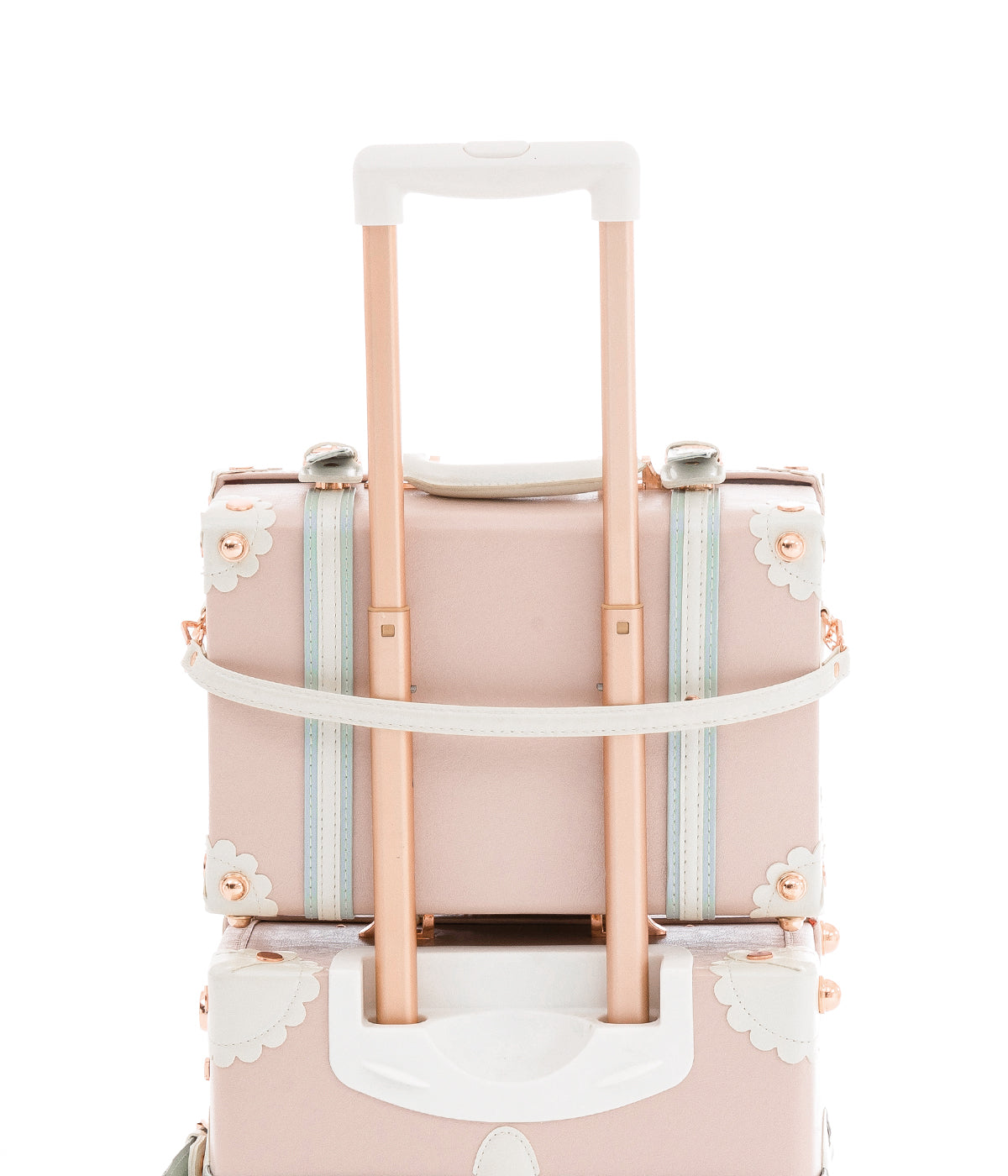 Cherry pink wheeled train case with telescoping handle and front divider panel