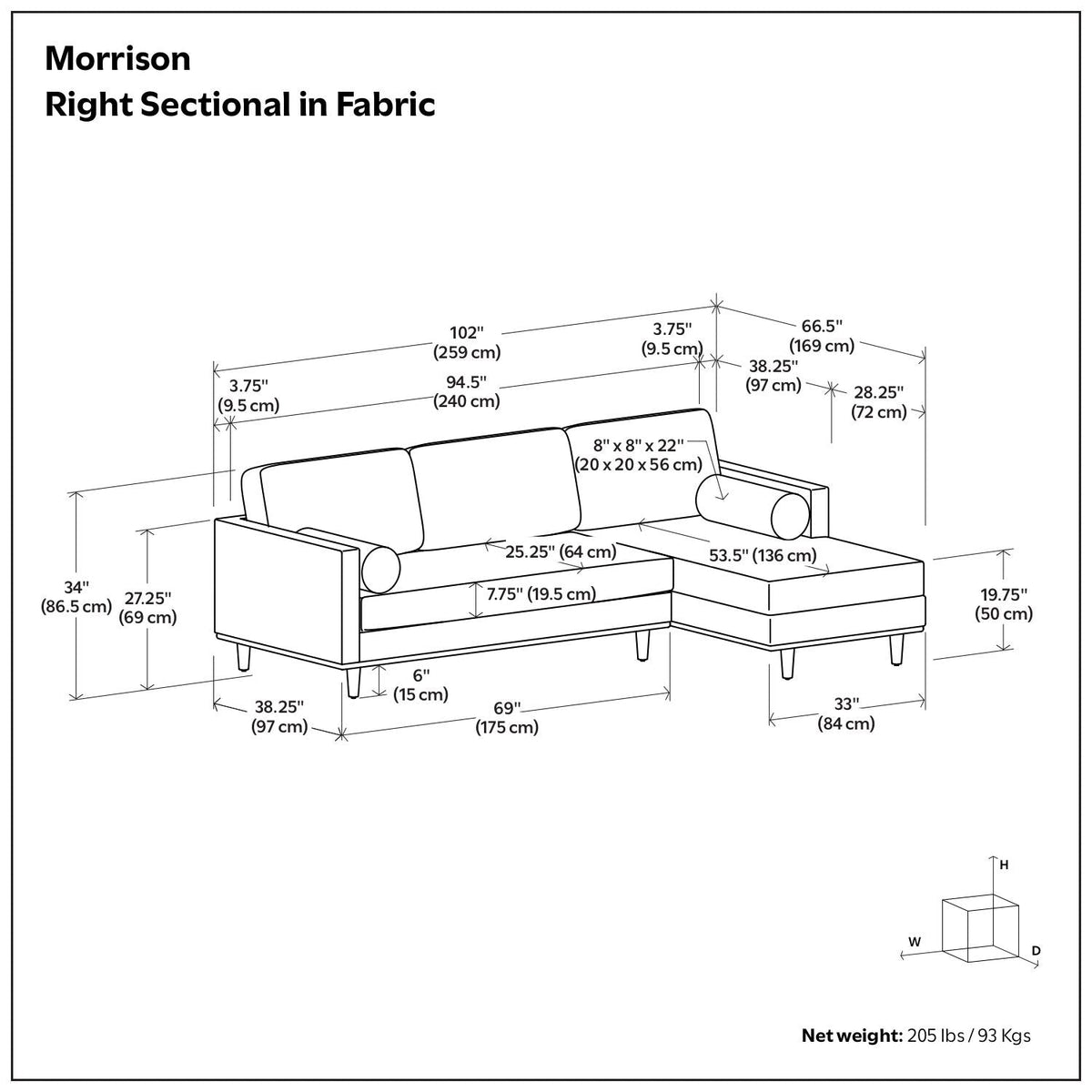 Morrison right sectional fabric size diagram with labeled measurements