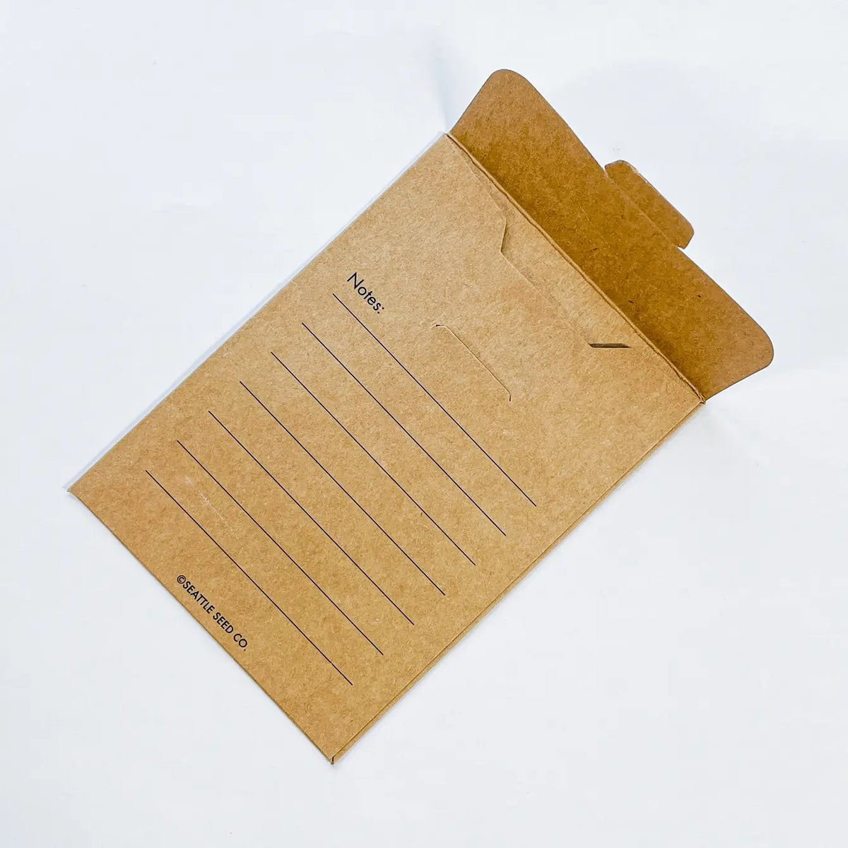 Kraft seed envelope insert with ruled lines and notes window, open flap design