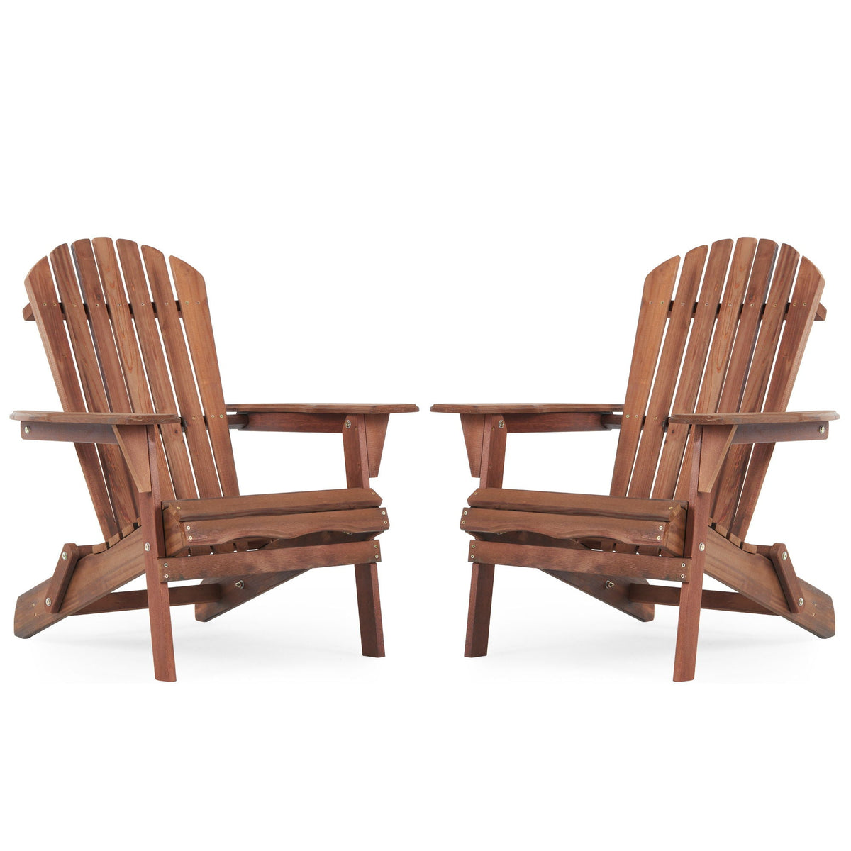 Set of 2 wooden folding adirondack chairs, light brown slatted seats and wide arms