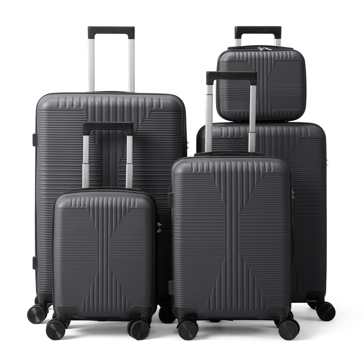 Lightweight 5-piece luggage set with telescoping handles and spinner wheels, dark gray