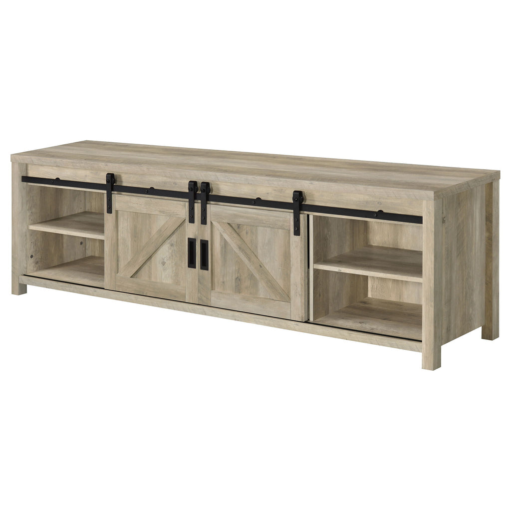 Distressed pine TV stand with open shelves, 2 doors, and long black handle bar