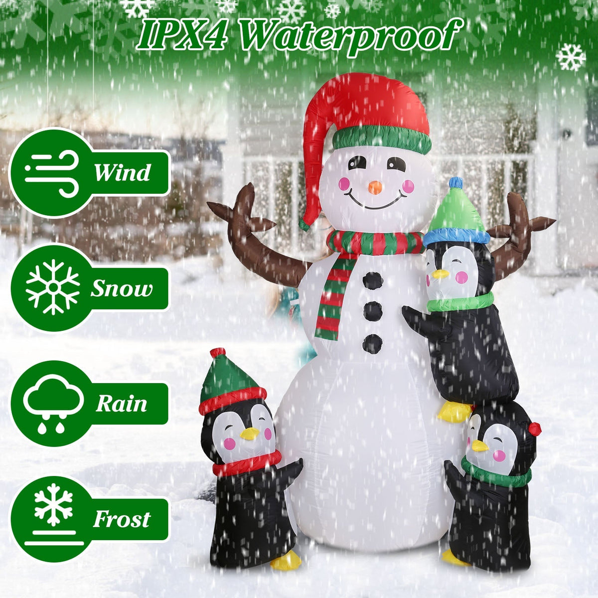 Inflatable snowman with penguins, red hat and scarf, IPX4 waterproof outdoor