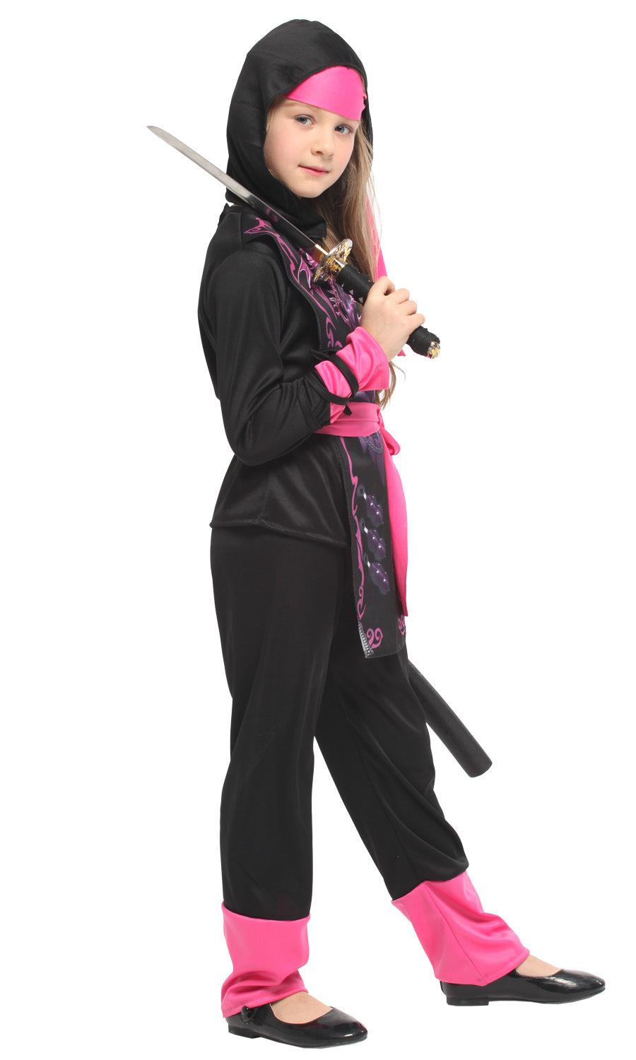 Kids' black-and-pink samurai costume with hood, pink sash, holding sword near chest