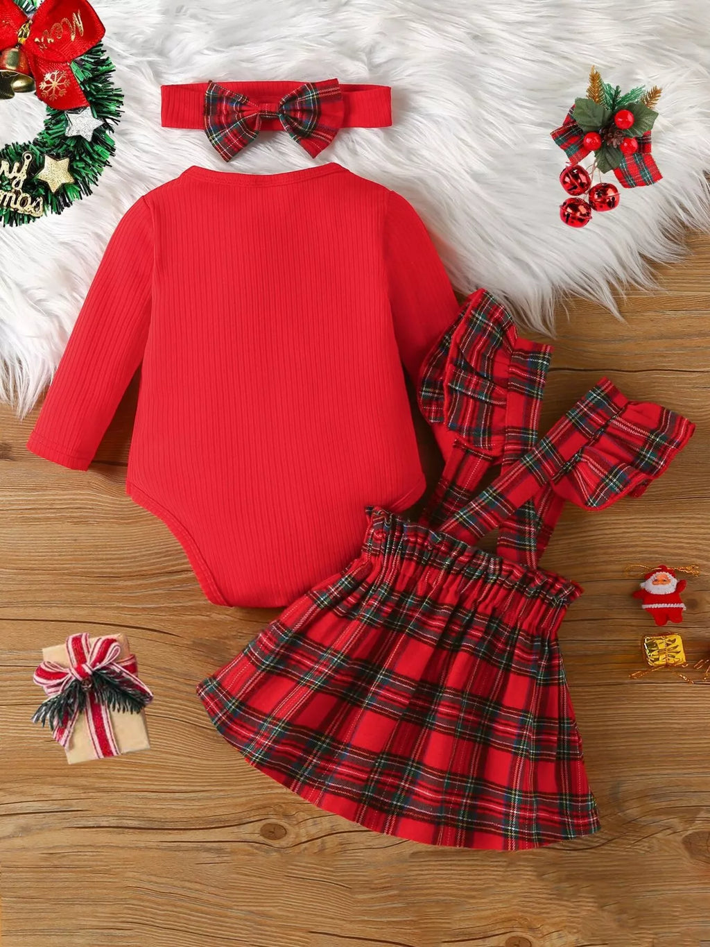 Red Christmas bodysuit with plaid dress and plaid bow headband, back view