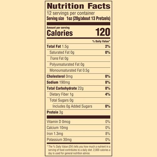 Pretzel dipping sticks nutrition facts panel showing 120 calories per serving