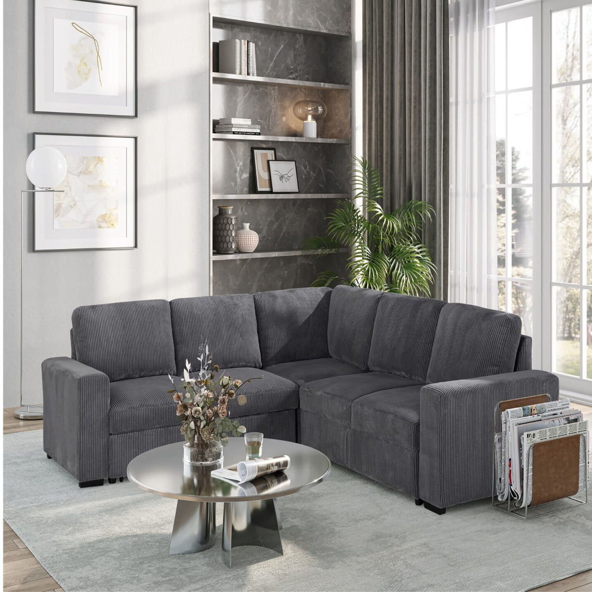 Dark gray sectional sofa with chaise, tall back cushions, and square ottoman seat