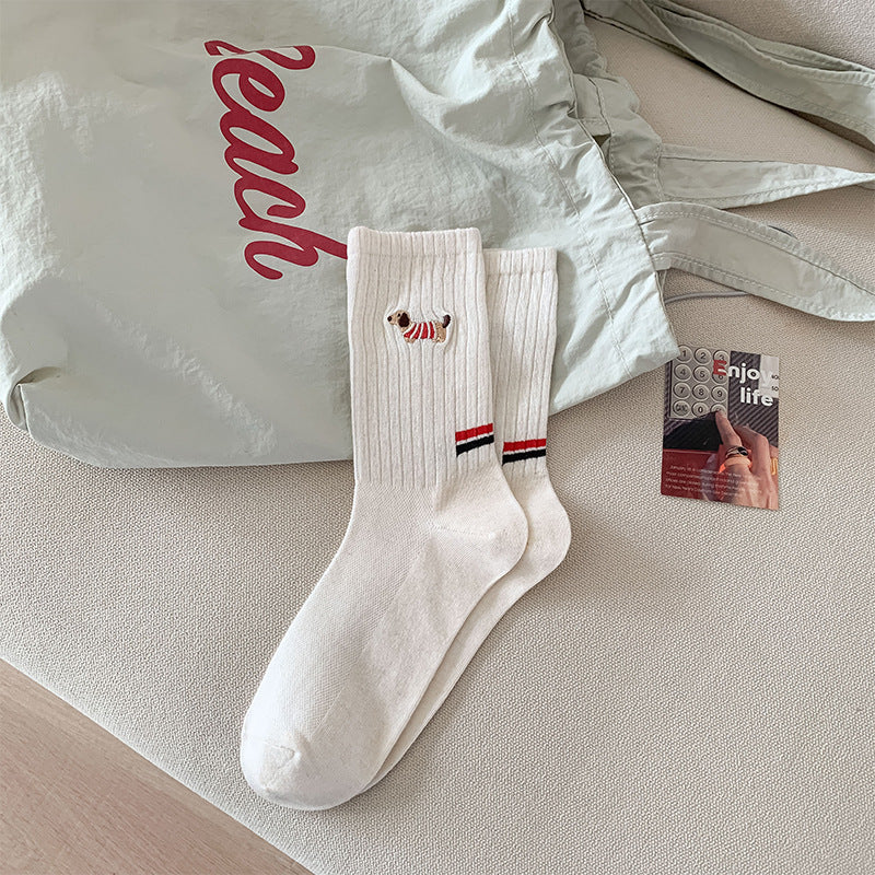 Children's embroidered puppy crew socks, white with small dog face on ankle