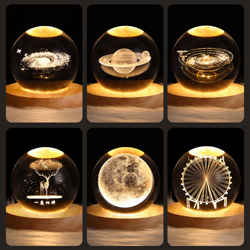 Crystal ball LED night light table lamp with warm glowing space designs in glass