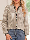 Patchwork long-sleeve shirt with striped fabric, leopard print yoke, button front
