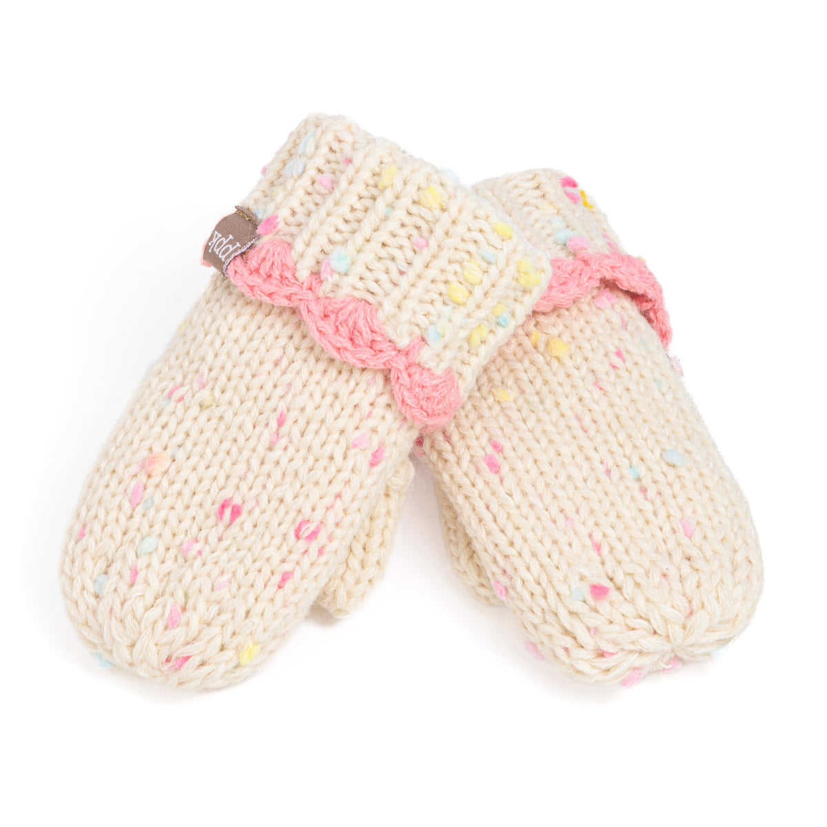 Pair of cream knit mittens with pink ruffle cuffs and pastel speckle pattern