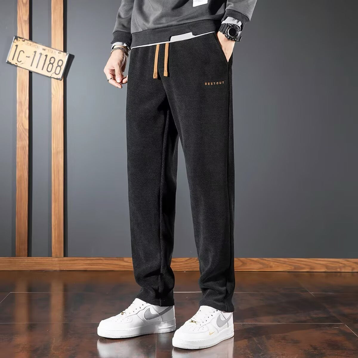 Men's straight-leg corduroy pants, black, drawstring waist, relaxed fit