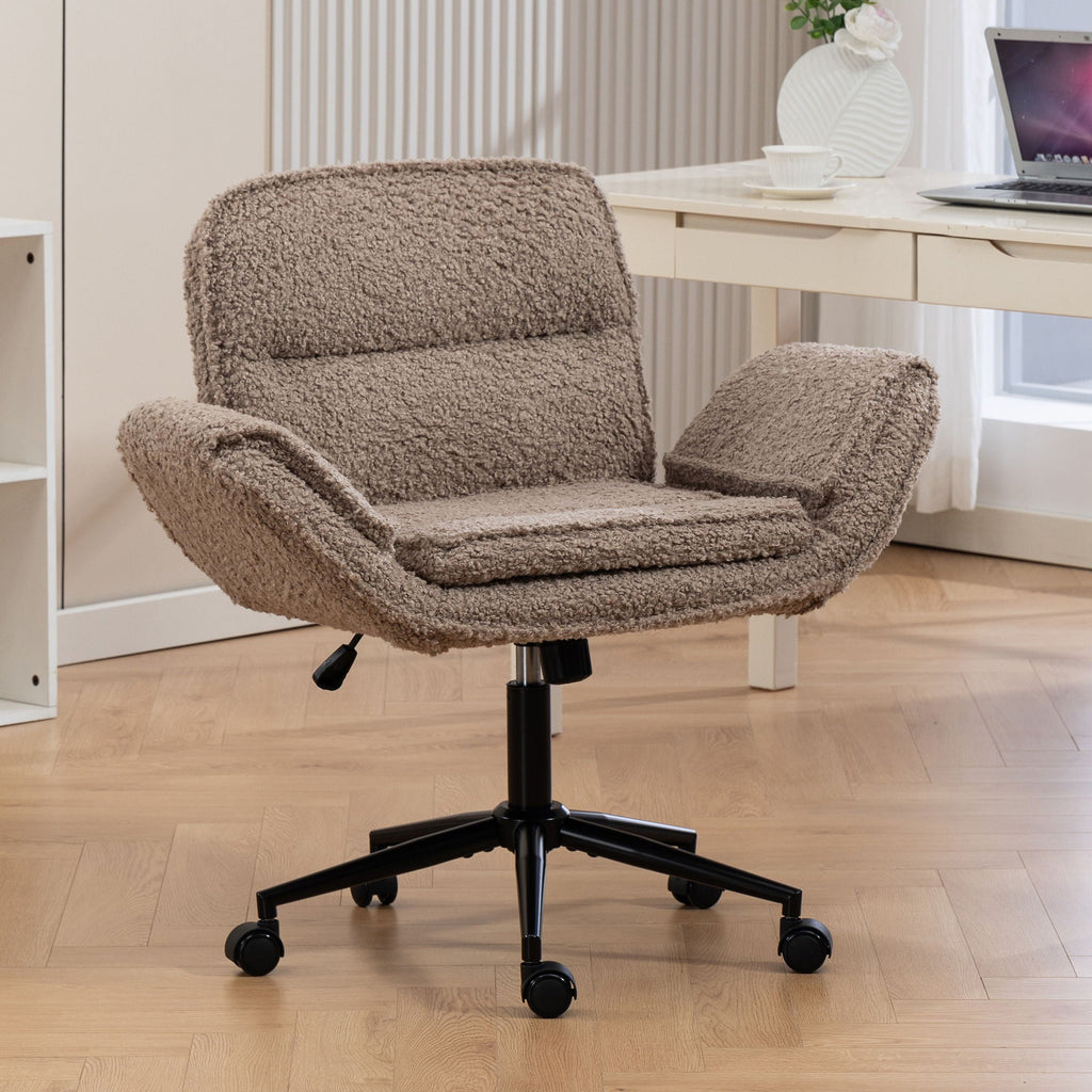 Dark brown fabric swivel desk chair with cushioned back and wheeled base