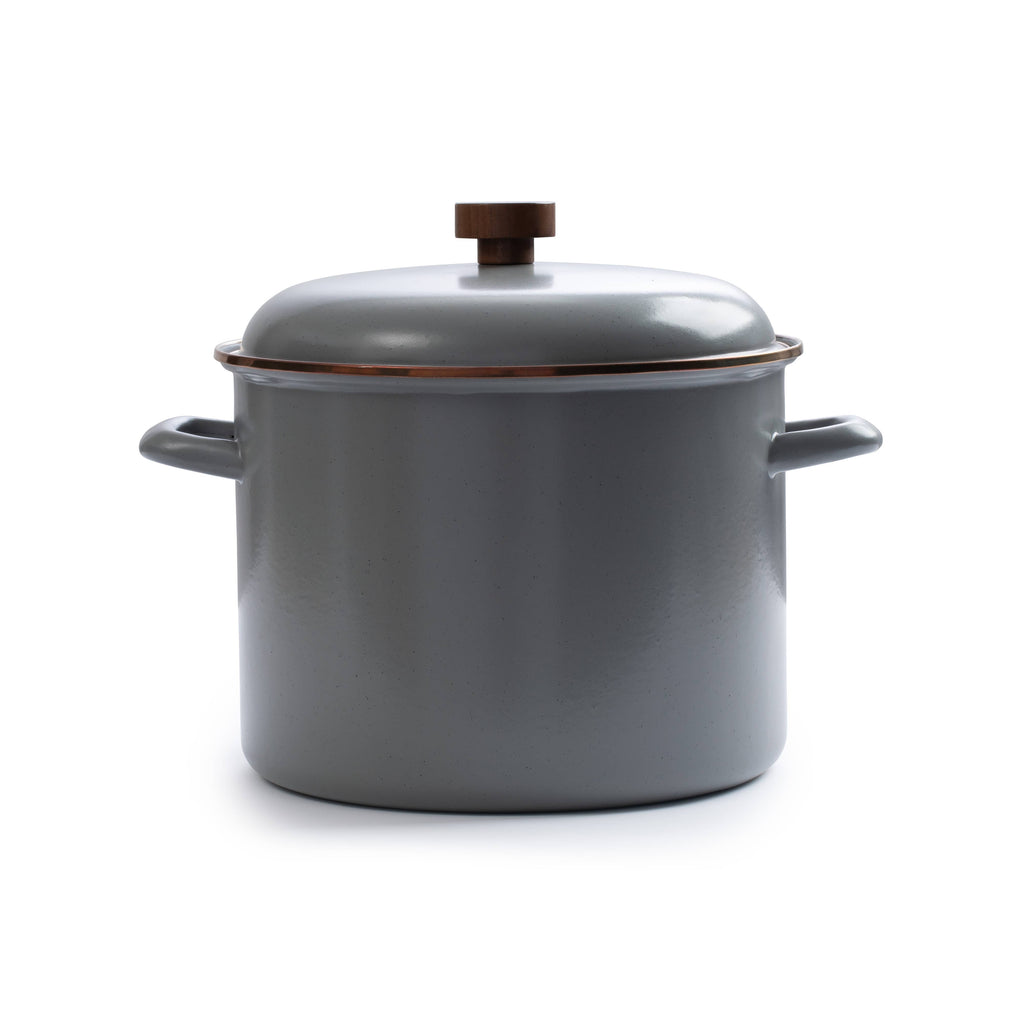Enamel stock pot with lid, dark gray body, wood-look knob, side handles