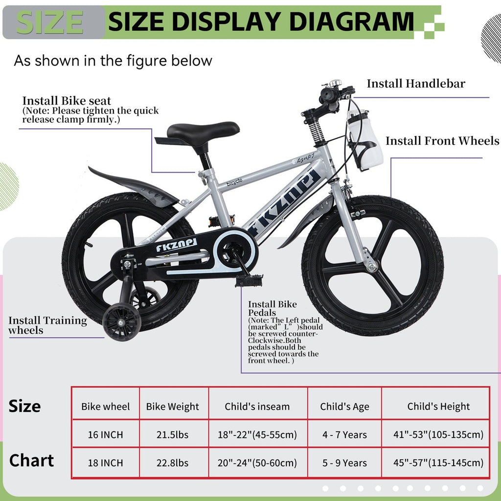 16-inch kids bike with training wheels, visible seat, pedals, and front training wheel assembly.