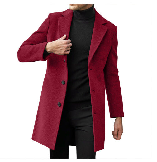 Men's mid-length long-sleeve wool coat, wine red with button front and notched lapels