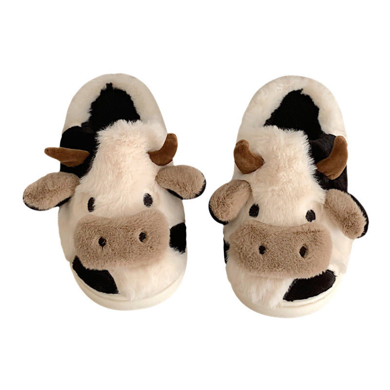 Cow animal plush slippers, black-and-white uppers with brown snout and open-heel slide design