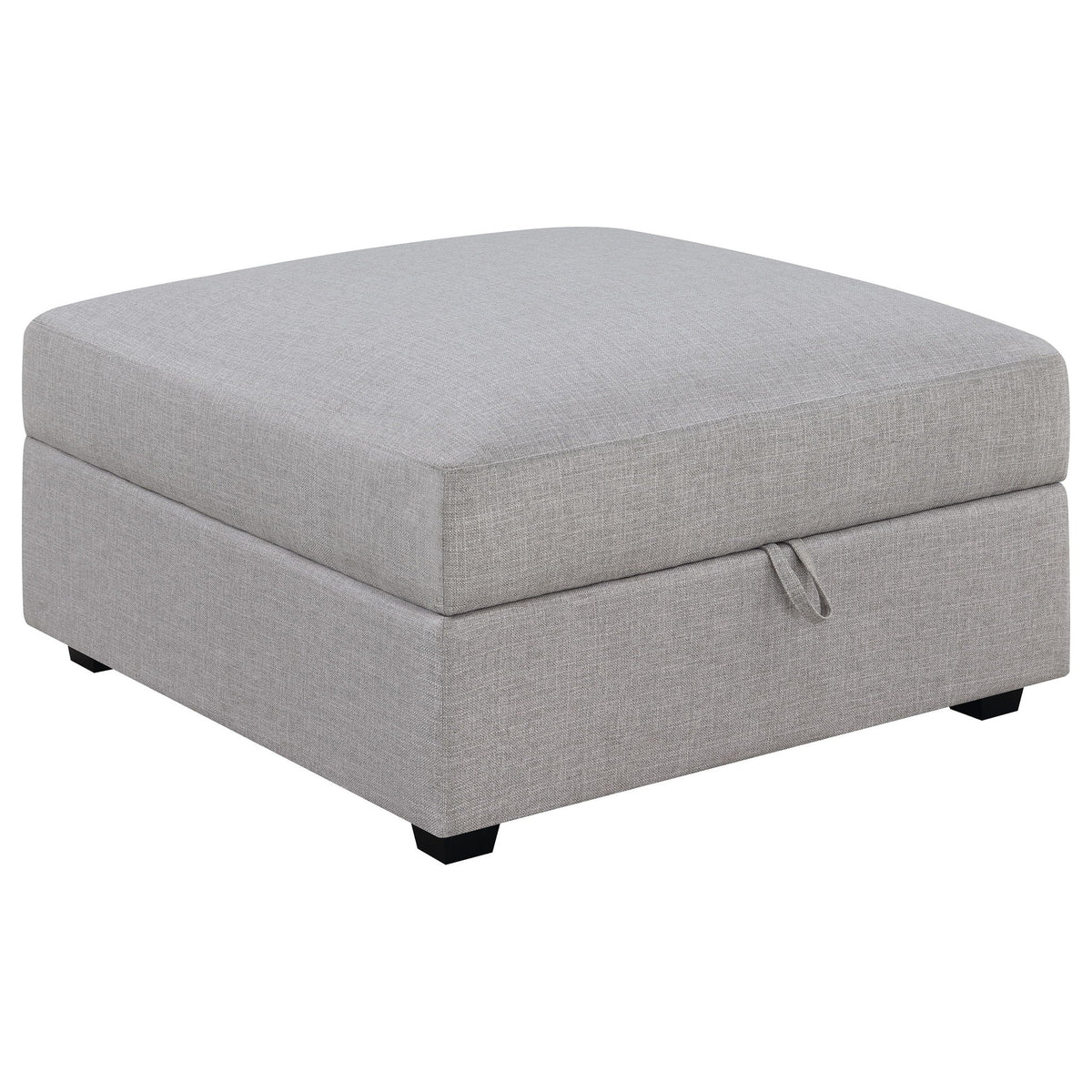 Grey upholstered ottoman-style module with stitched arm detail and black feet