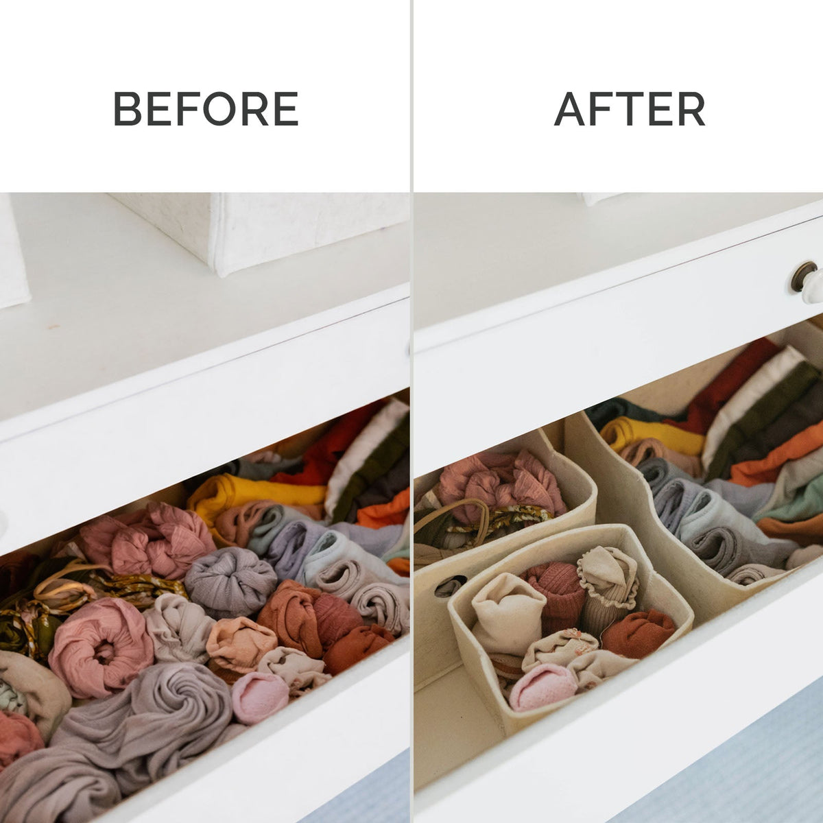 Beige felt drawer organizers holding folded socks in a dresser drawer
