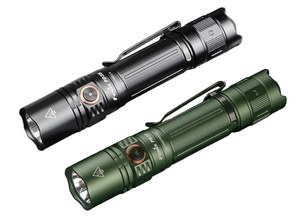 Fenix PD35 V3.0 everyday carry flashlight, black and Tropic Green, side view