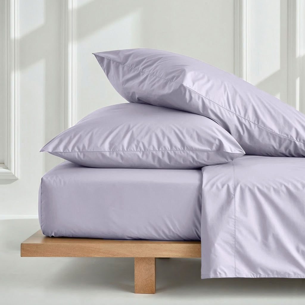 Pale lavender sateen pillowcase set with smooth finish and envelope closure