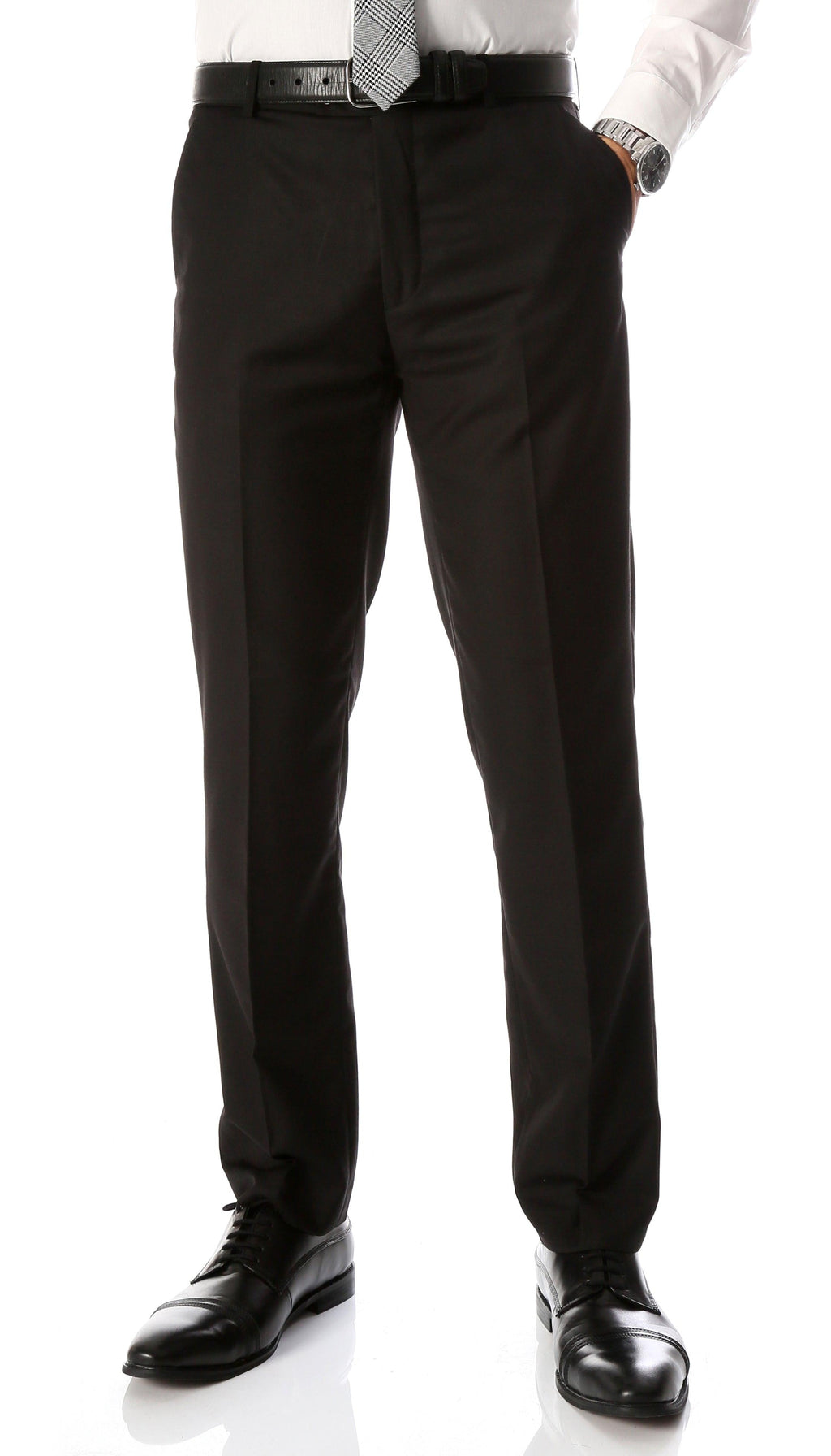 Men's slim-fit flat-front dress pants in black with belt loops and front pleats