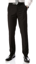 Men's slim-fit flat-front dress pants in black with belt loops and front pleats