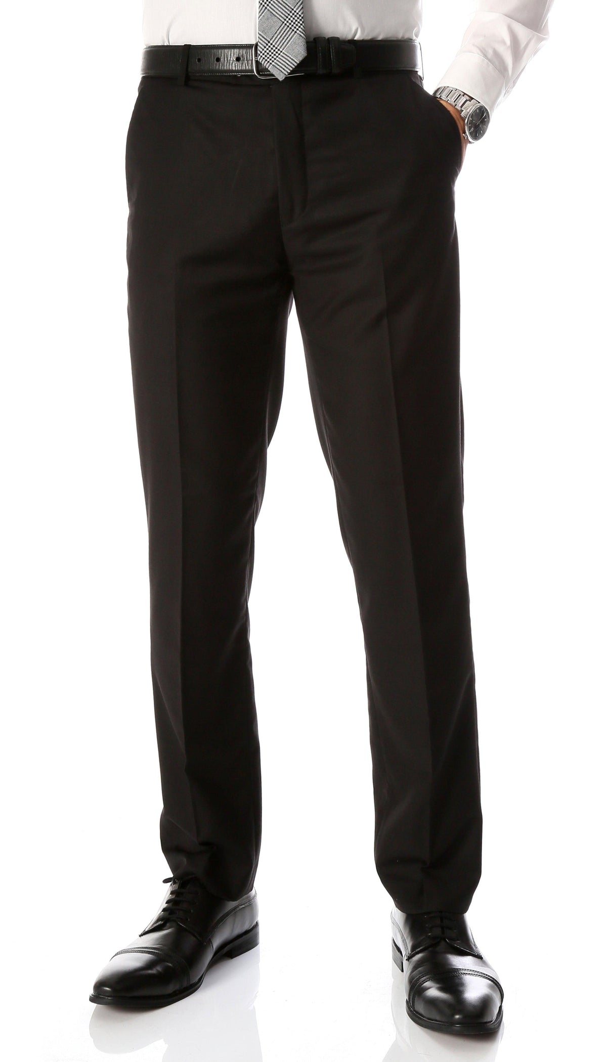 Men's slim-fit flat-front dress pants in black with belt loops and front pleats