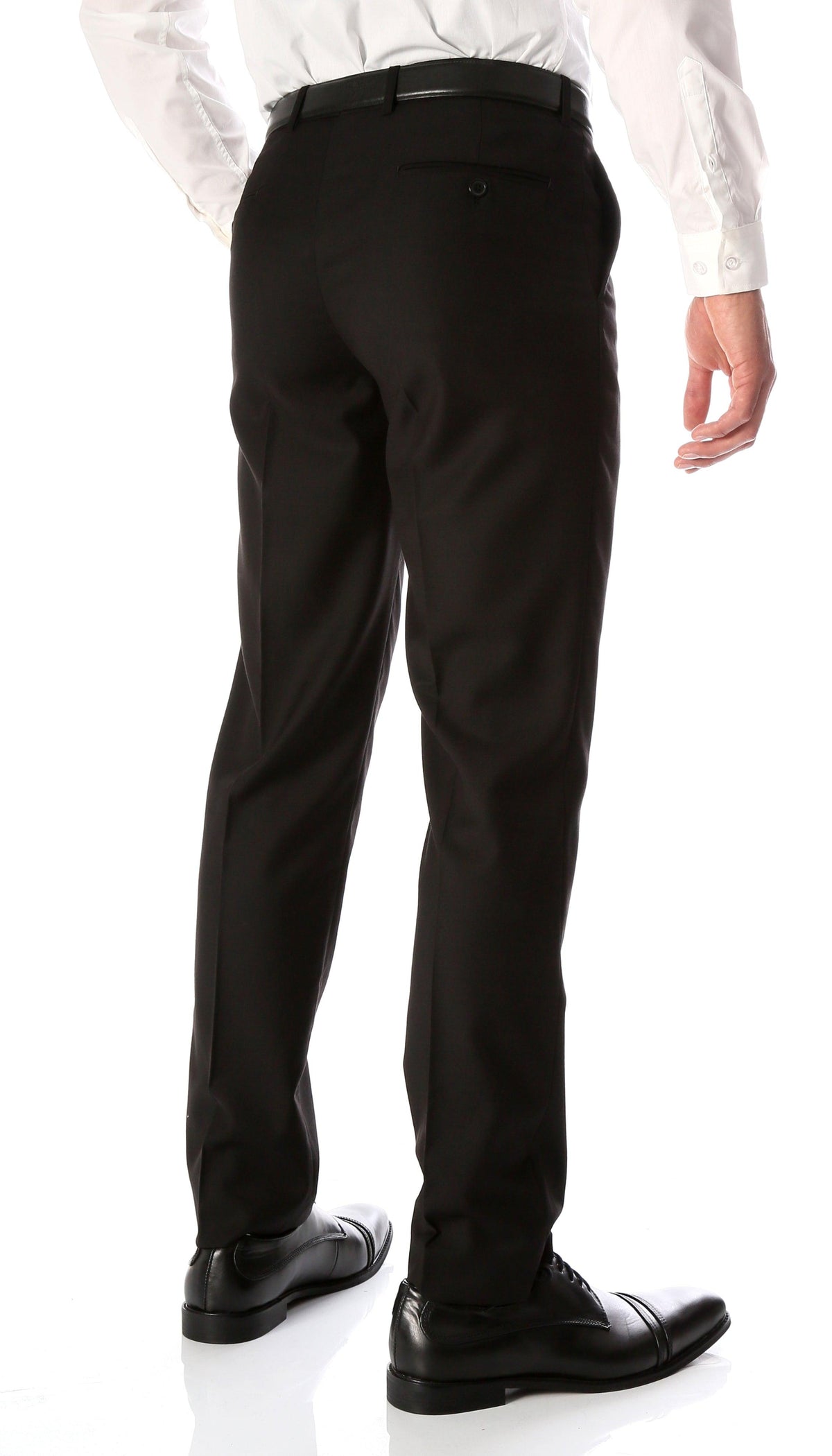 Men's slim-fit flat-front dress pants in black, side view with crease detailing