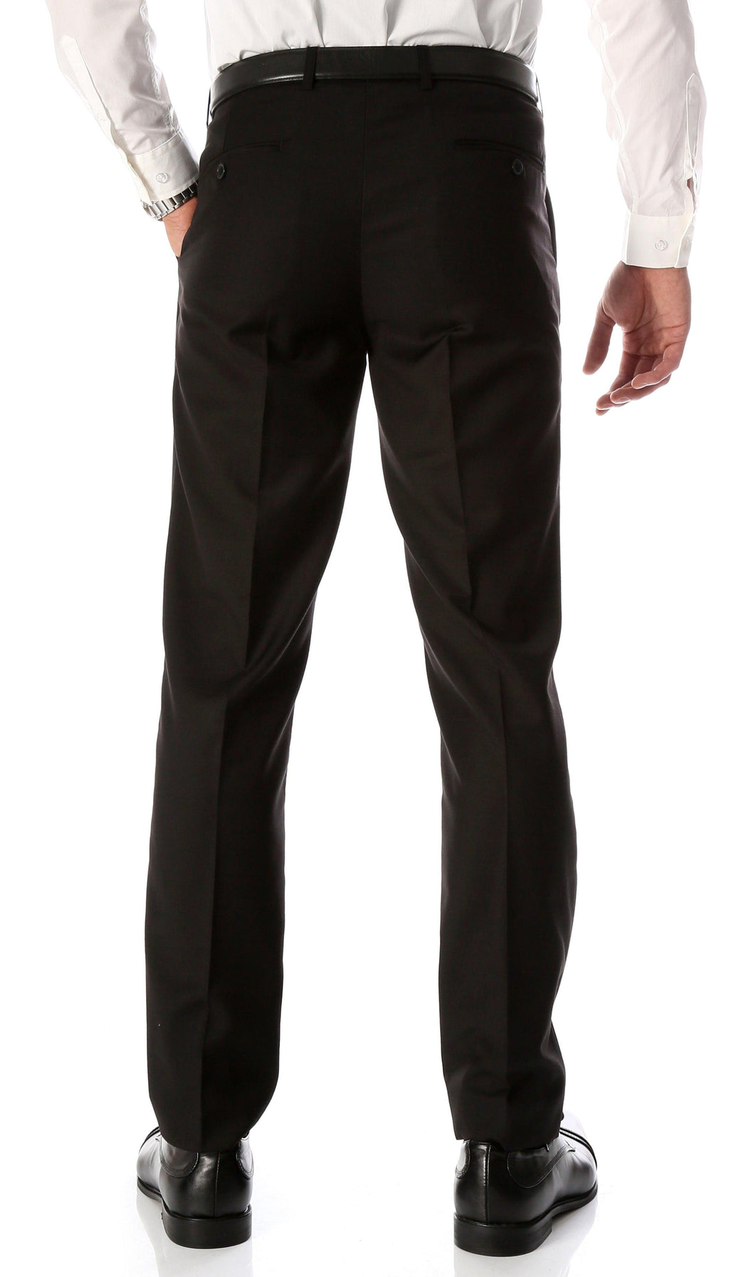 Men's slim-fit flat-front dress pants in black, back view with belt loops