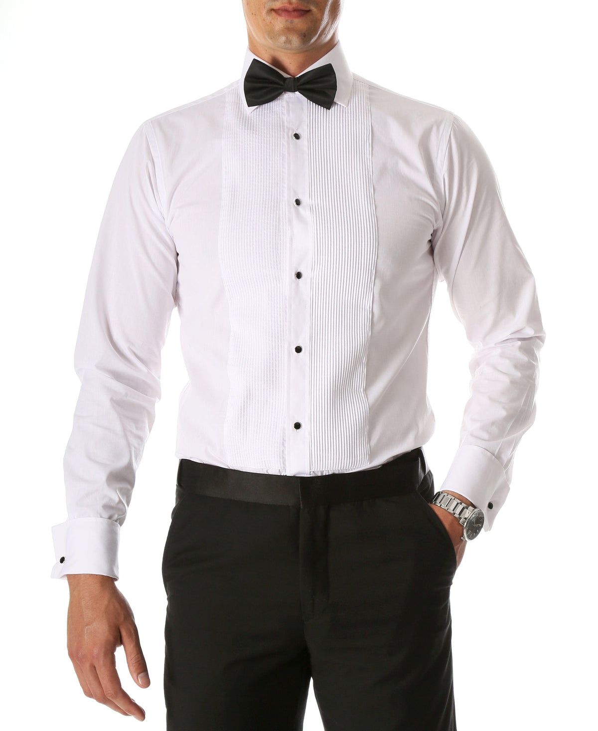 Men's white tuxedo shirt with lay-down collar, pleated front bib, black buttons