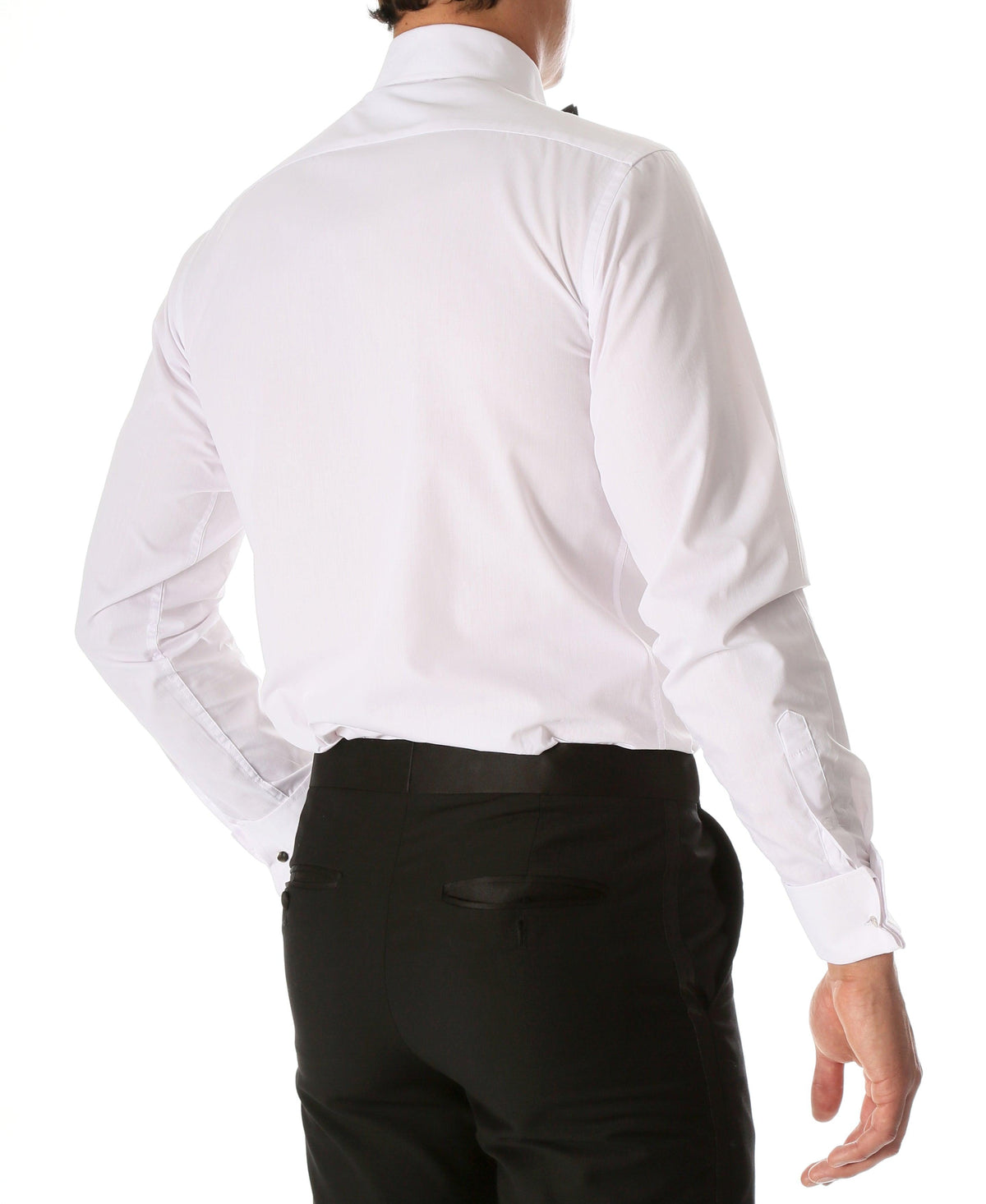 Men's white tuxedo shirt back view with lay-down collar and long sleeves