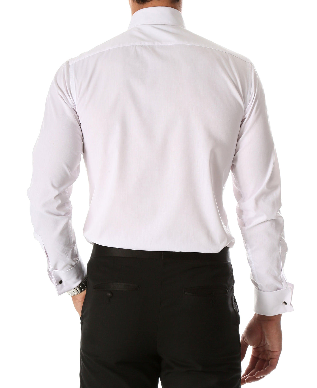Men's white tuxedo shirt full back view with long sleeves and buttoned cuffs