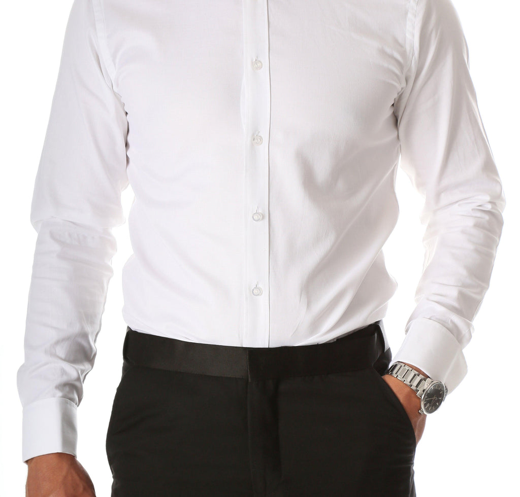 Men's white tuxedo shirt front close-up with pleated placket and button-up design