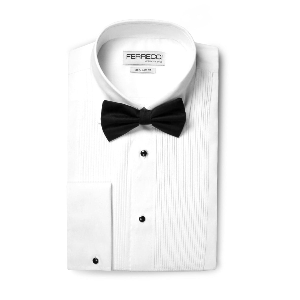 Men's white tuxedo shirt flat lay with black bow tie and Ferrecci collar label