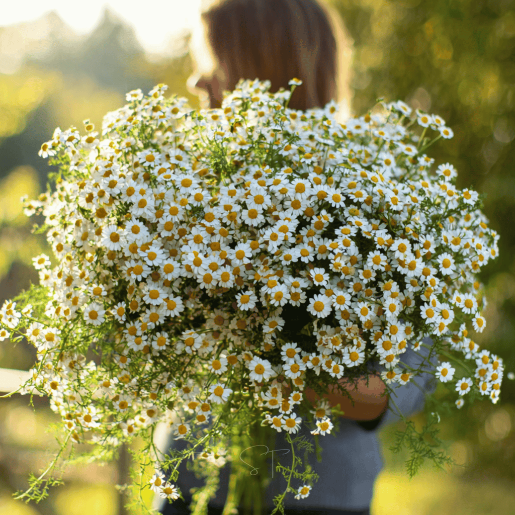 Feverfew seed plant with small white daisy flowers and yellow centers in a bouquet