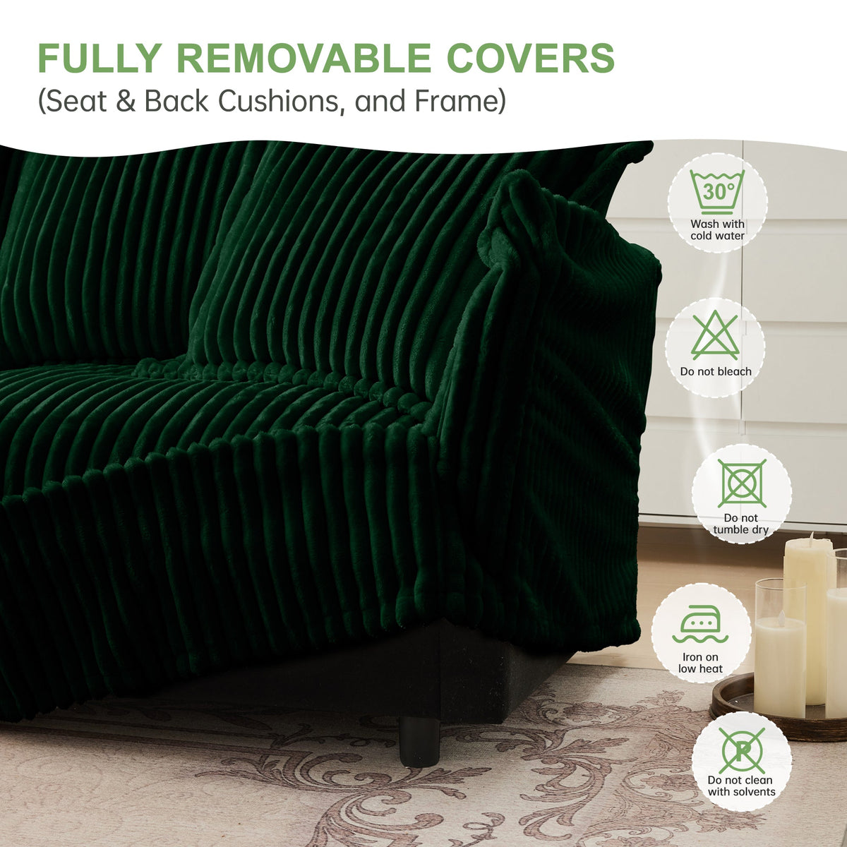 Green ribbed slipcover cushion with corner detailing and upholstery-ready, removable cover look.
