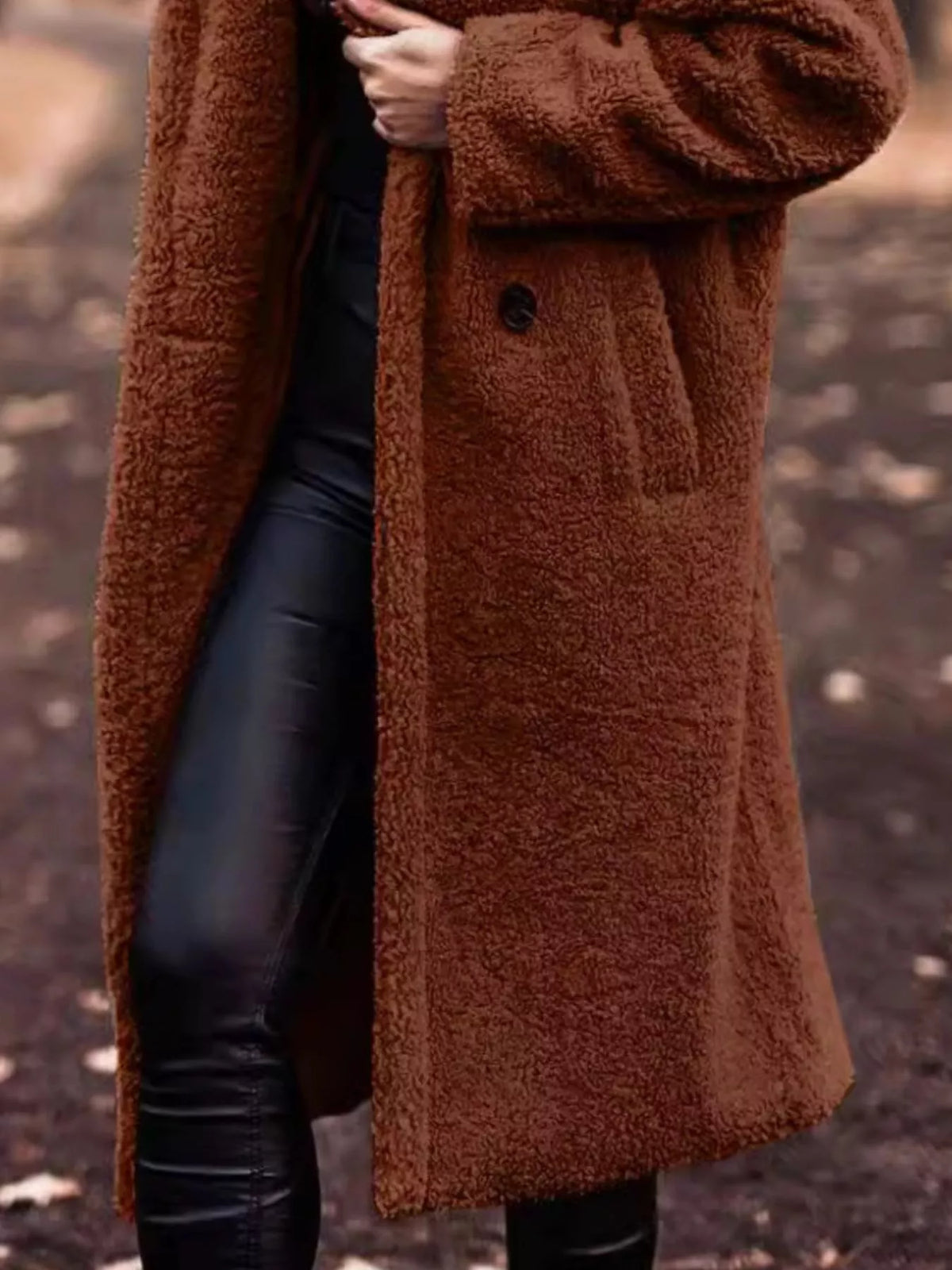 Brown hooded teddy-fleece longline coat with button front and side pockets