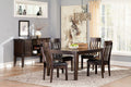 Dark brown dining table with four side chairs and bench-style seating area at one end