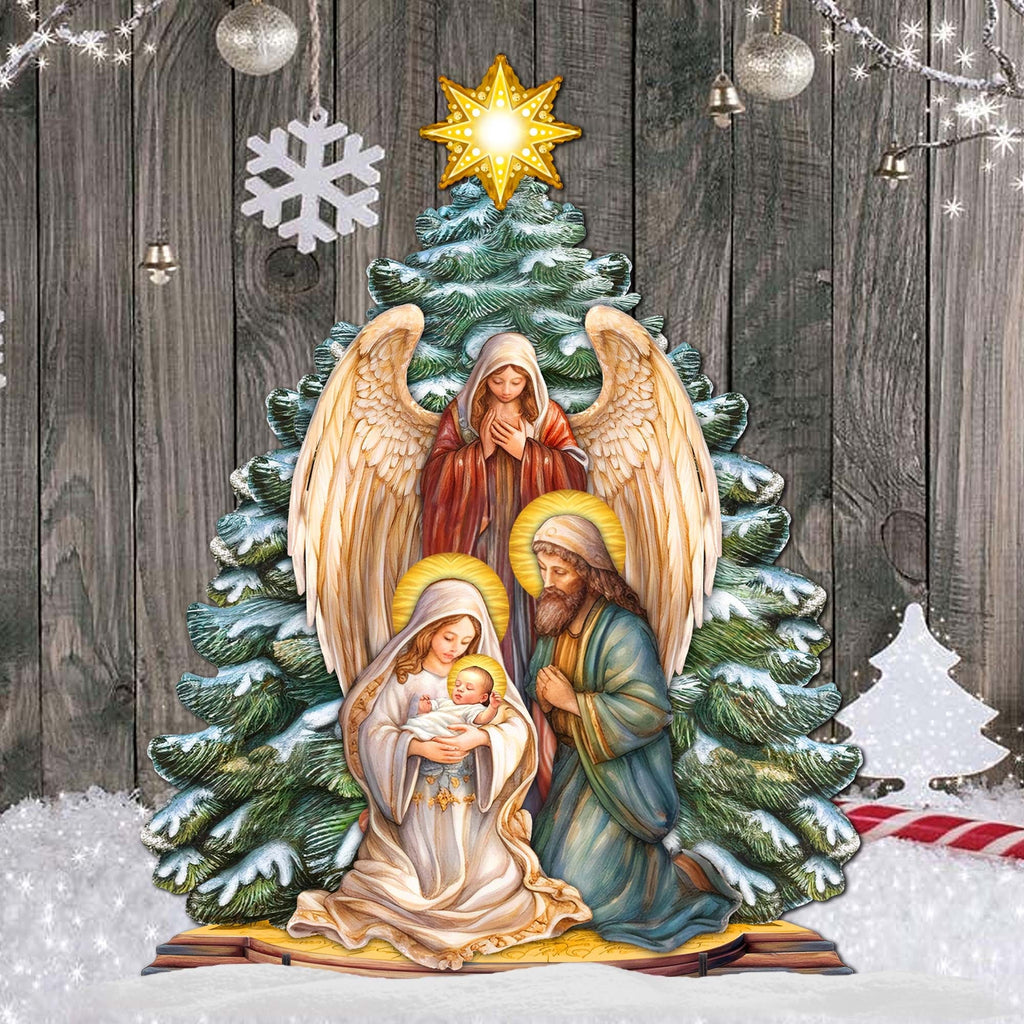 Nativity yard decor with golden star, angel wings, Mary holding baby, and Joseph on base